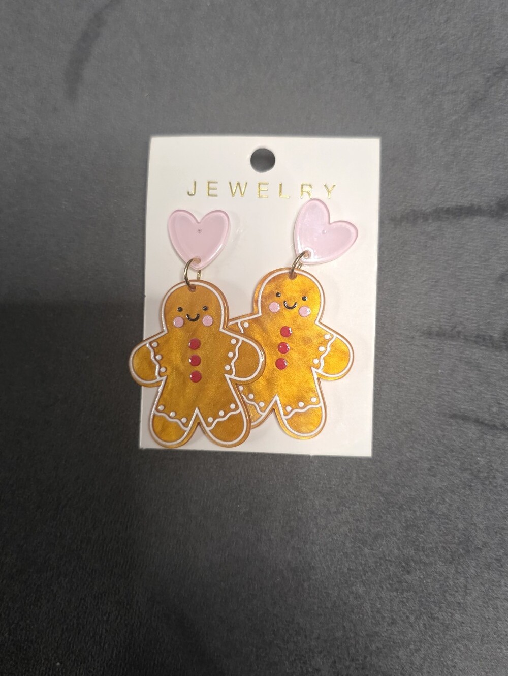 Gingerbread Couple Dangle Earrings with Pink Hearts